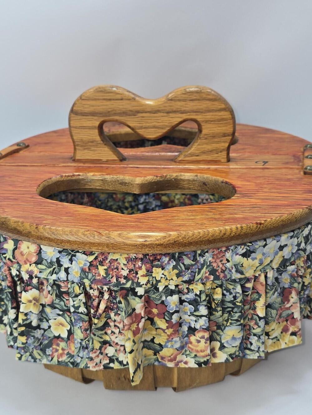 Vintage Wooden Sewing Basket with Heart Cutouts and Floral Fabric Liner, Hinged